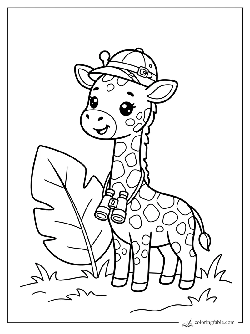 Kawaii giraffe in a safari hat with binoculars, standing by a giant leaf and grass.