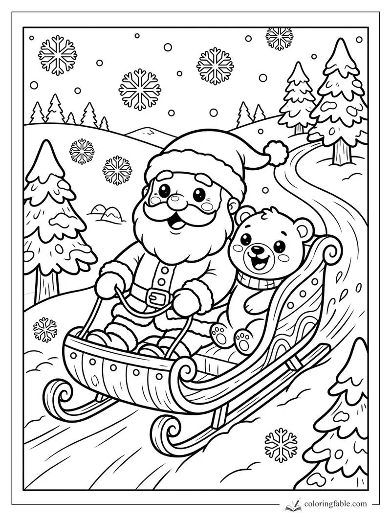 Kawaii Santa drives a sleigh with a teddy bear through snowy pine hills and large falling snowflakes.