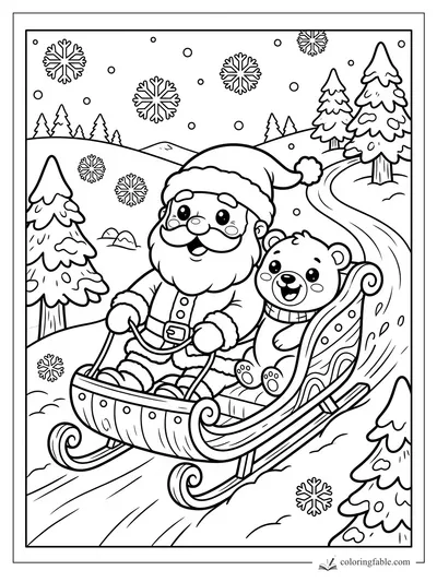 Kawaii Santa drives a sleigh with a teddy bear through snowy pine hills and large falling snowflakes.