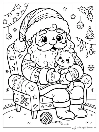 Kawaii Santa holding a kitten in a star-covered armchair with ornaments, holly, and yarn
