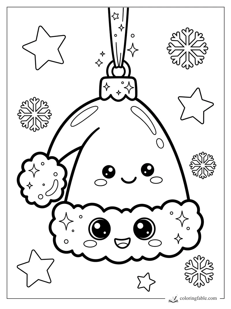 Kawaii Santa hat ornament with smiling face, fluffy trim, ribbon, stars, and snowflakes coloring page