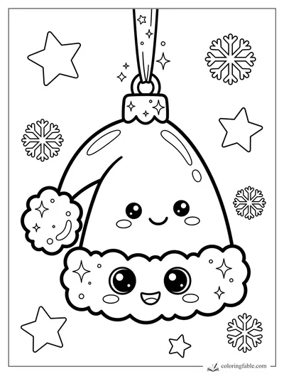 Adorno kawaii de gorro de Santa para colorear con cara sonriente, borde esponjoso, cinta, estrellas y copos.
