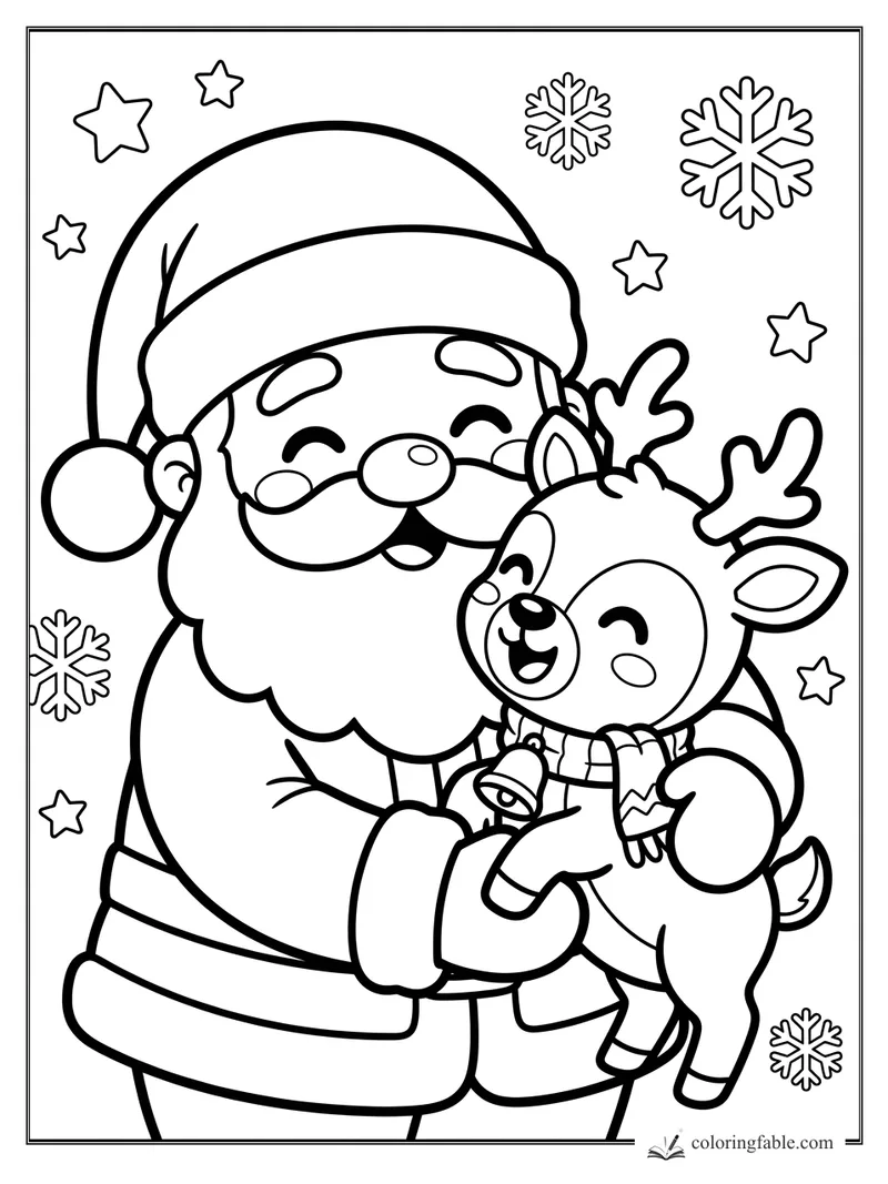 Kawaii Santa cuddles a smiling reindeer with a scarf and bell among stars and snowflakes.