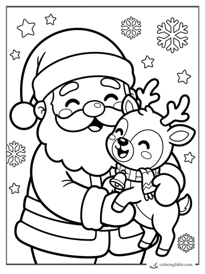 Kawaii Santa cuddles a smiling reindeer with a scarf and bell among stars and snowflakes.