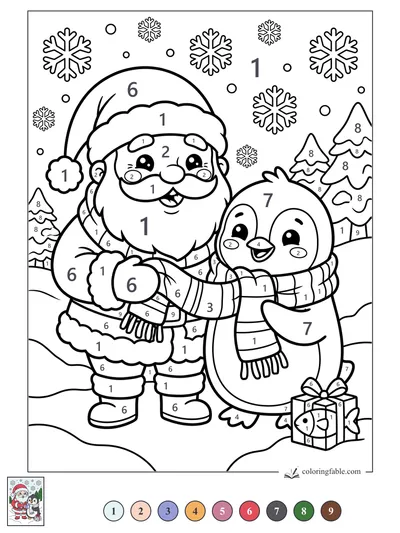 Kawaii Santa Hugging a Scarfed Penguin — color by number