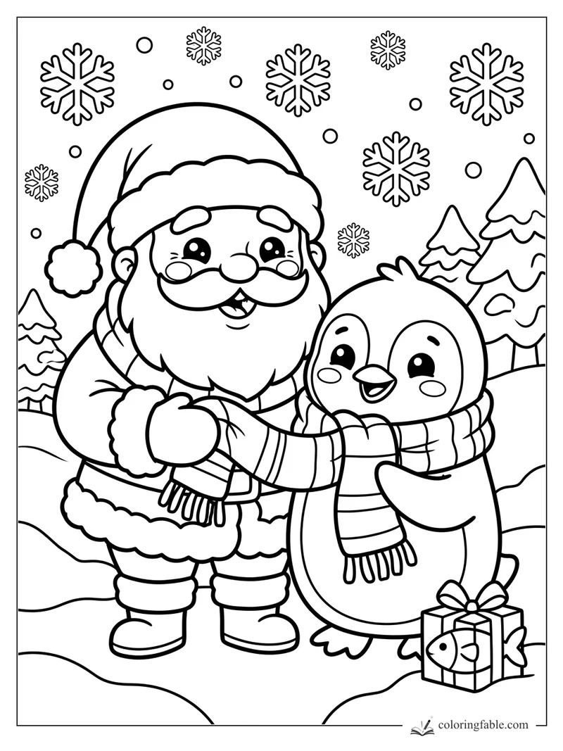 Kawaii Santa hugging a smiling penguin with snowflakes, pine trees, and a fish-topped gift in the snow.