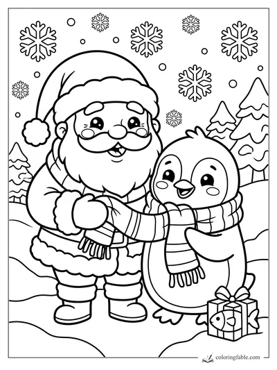 Kawaii Santa hugging a smiling penguin with snowflakes, pine trees, and a fish-topped gift in the snow.