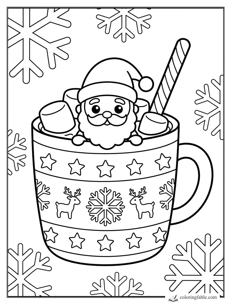 Kawaii Santa peeking from a cocoa mug with marshmallows, candy cane, stars, reindeer, and snowflakes.