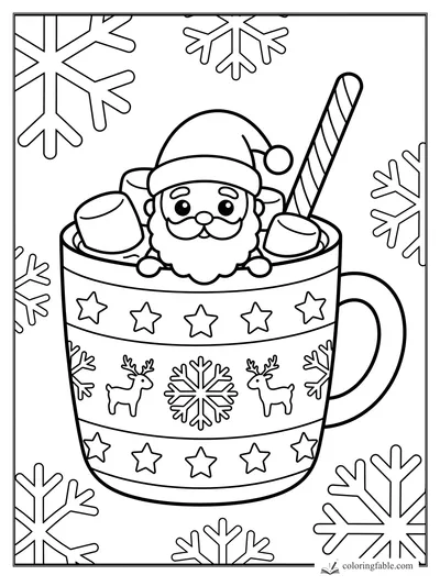 Kawaii Santa peeking from a cocoa mug with marshmallows, candy cane, stars, reindeer, and snowflakes.