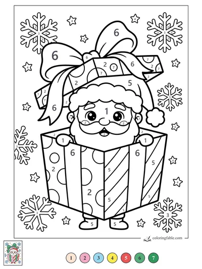 Kawaii Santa Peeking from a Giant Gift Box — color by number