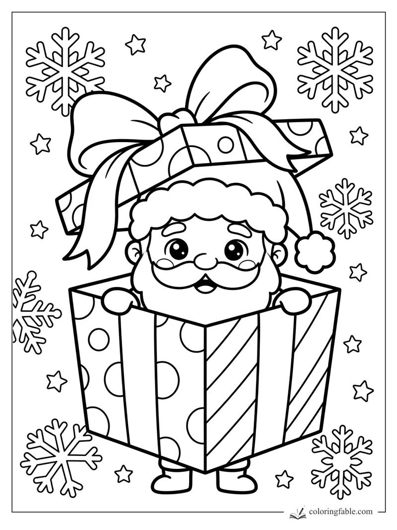 Kawaii Santa peeks from a big wrapped present with bow, snowflakes, stars, and patterned paper.