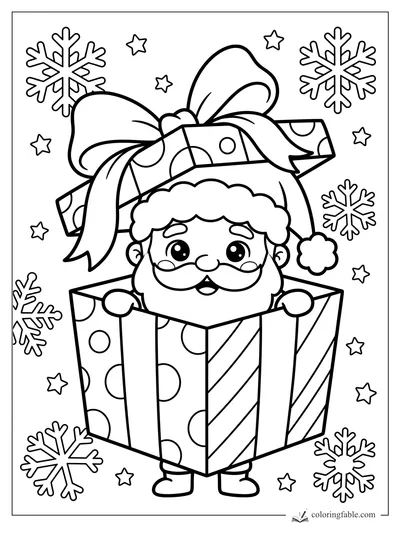 Kawaii Santa peeks from a big wrapped present with bow, snowflakes, stars, and patterned paper.