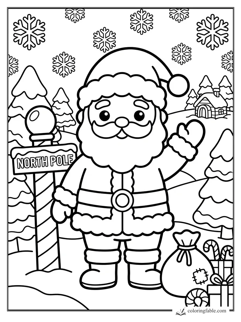 Kawaii Santa waving beside a North Pole sign, snowy trees, gifts, and falling snowflakes.
