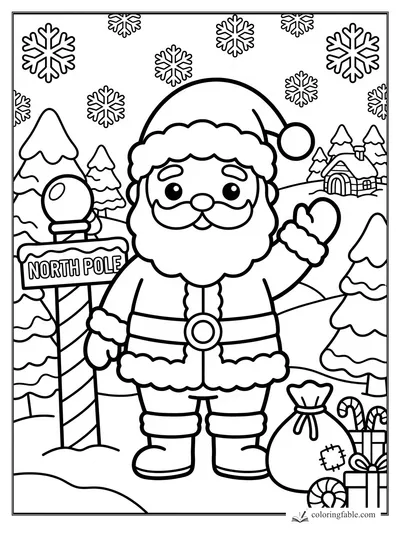 Kawaii Santa waving beside a North Pole sign, snowy trees, gifts, and falling snowflakes.