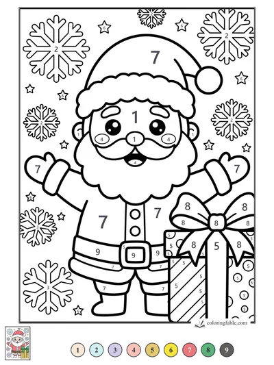 Kawaii Santa with Snowflakes and a Big Bowed Gift — color by number
