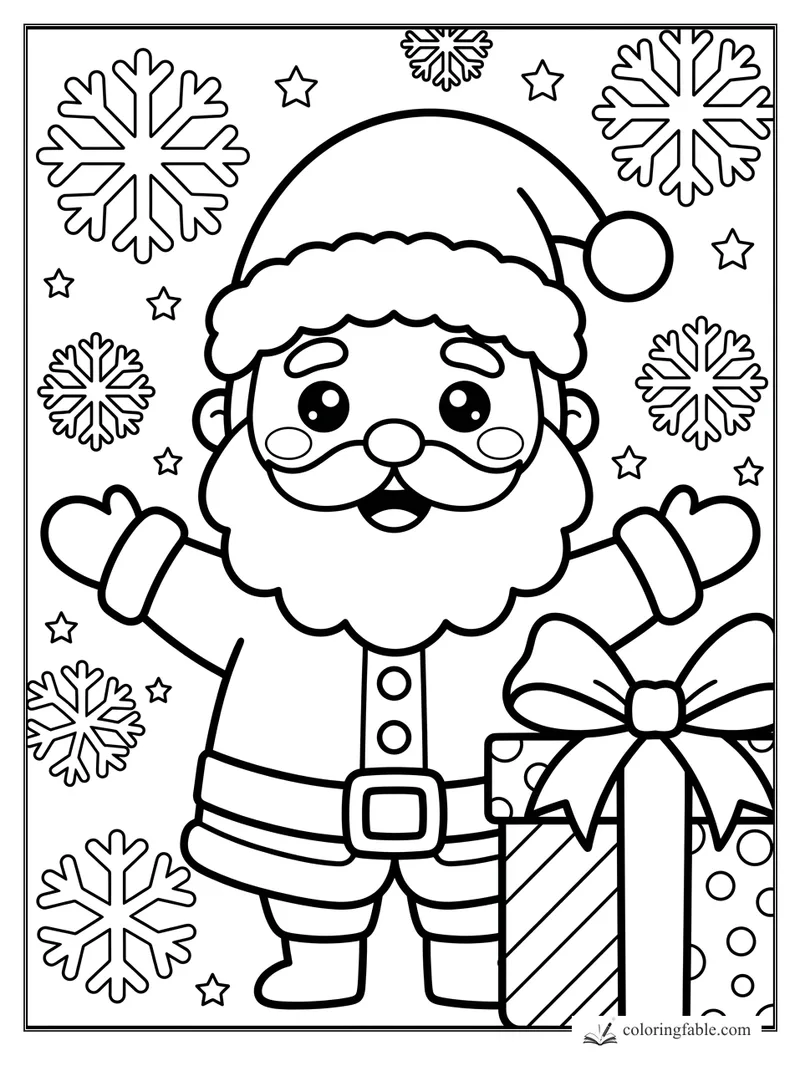 Kawaii Santa waving beside a large wrapped gift, with snowflakes and stars around him.