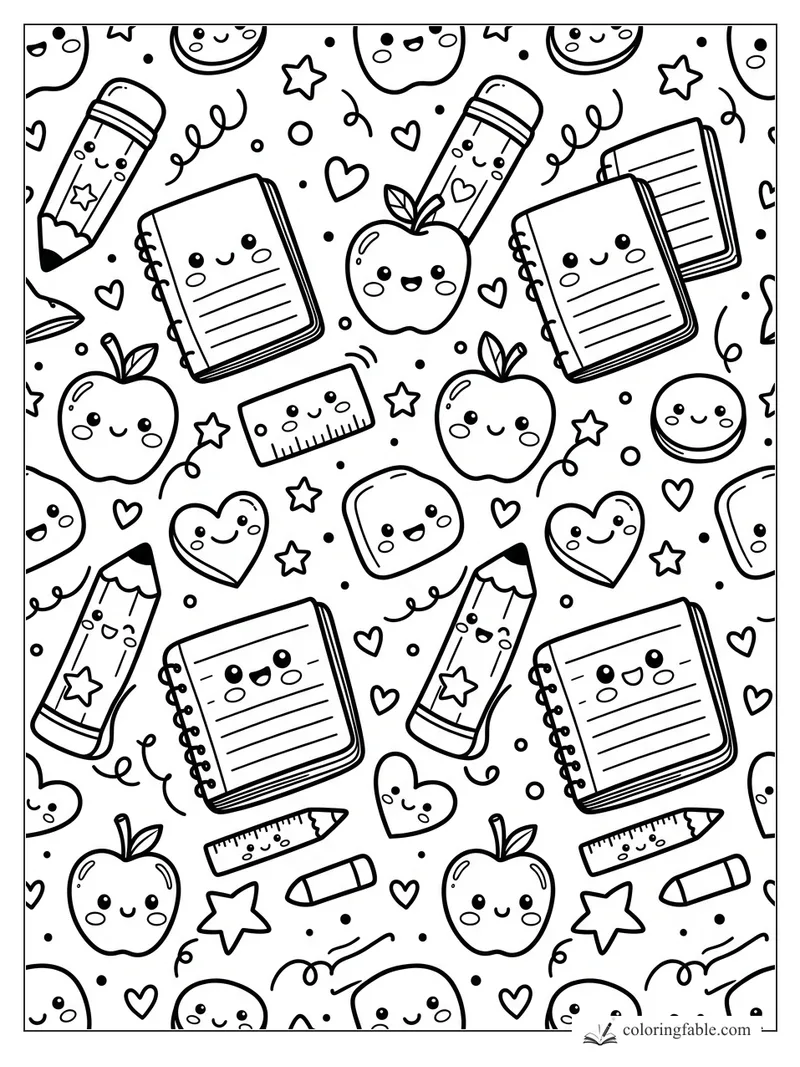 Kawaii school supplies coloring page with smiling notebooks, pencils, apples, rulers, hearts, and stars.