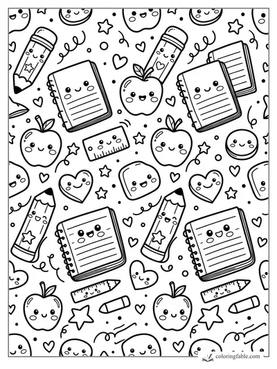 Kawaii school supplies coloring page with smiling notebooks, pencils, apples, rulers, hearts, and stars.