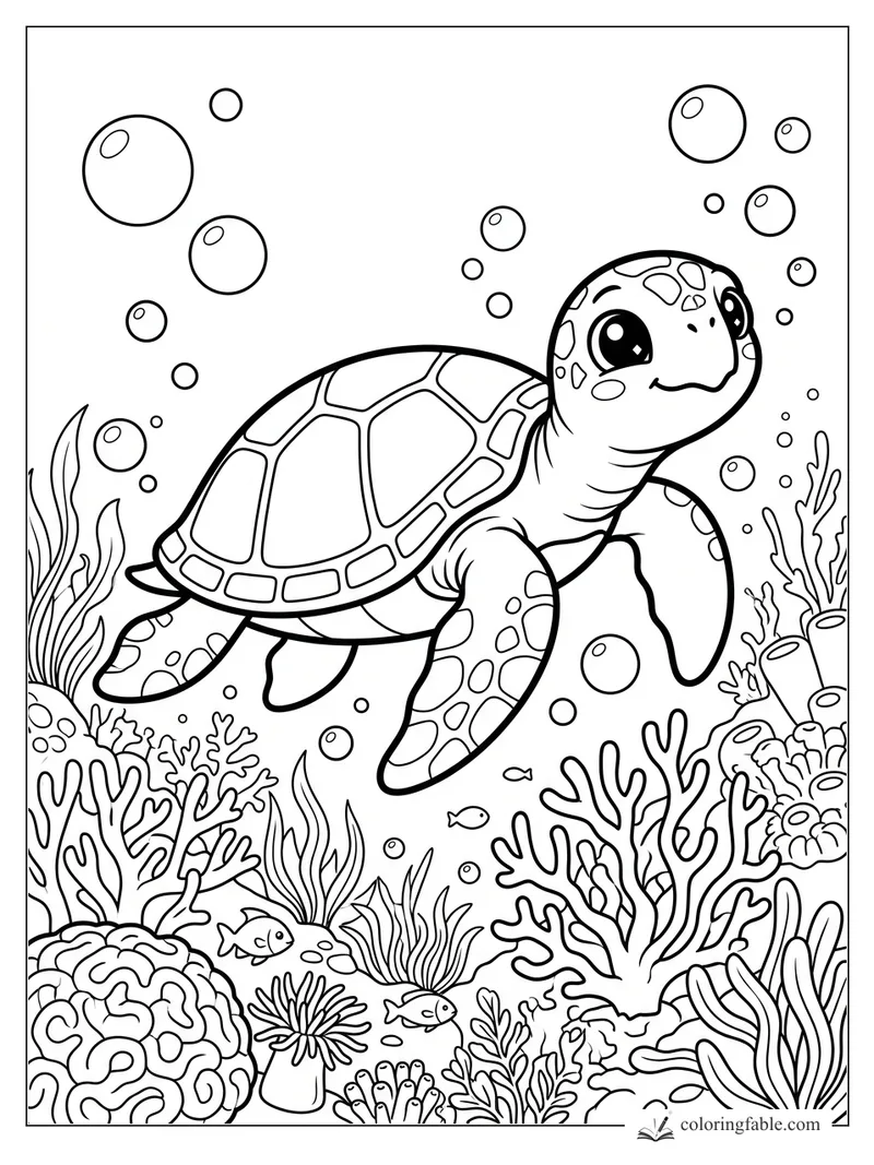 Kawaii sea turtle swimming above coral, seaweed, bubbles, and tiny fish in an ocean coloring page