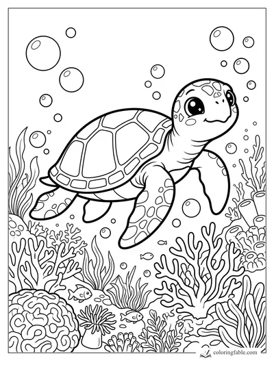 Kawaii sea turtle swimming above coral, seaweed, bubbles, and tiny fish in an ocean coloring page