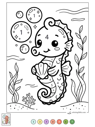 Kawaii Seahorse With a Shell and Bubbly Seaweed — color by number