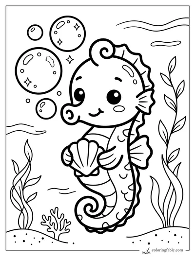 Cute kawaii seahorse holding a scallop shell among bubbles, seaweed, and coral.