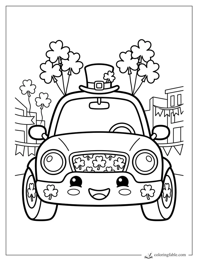 Kawaii car with shamrocks, leprechaun hat, smiling face, and parade bunting on a town street