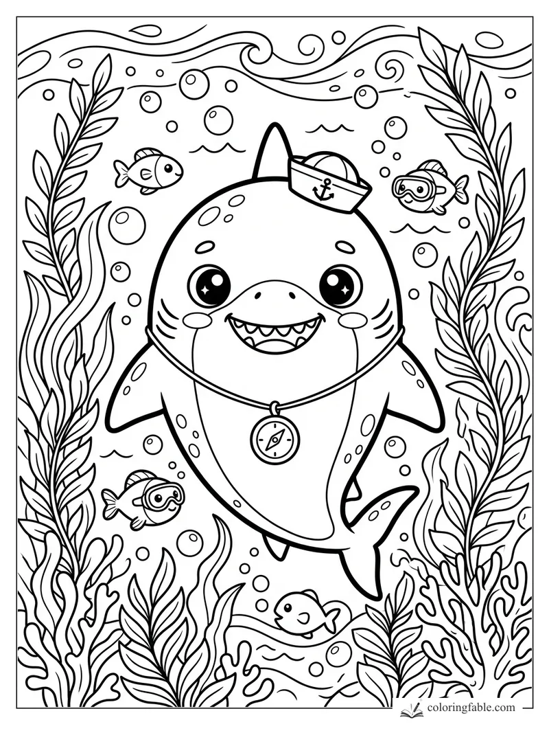 Smiling kawaii shark wearing a sailor hat and compass, swimming among fish, bubbles, coral, and seaweed.