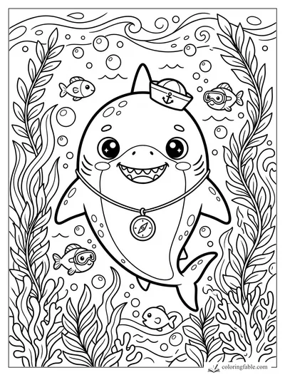 Smiling kawaii shark wearing a sailor hat and compass, swimming among fish, bubbles, coral, and seaweed.