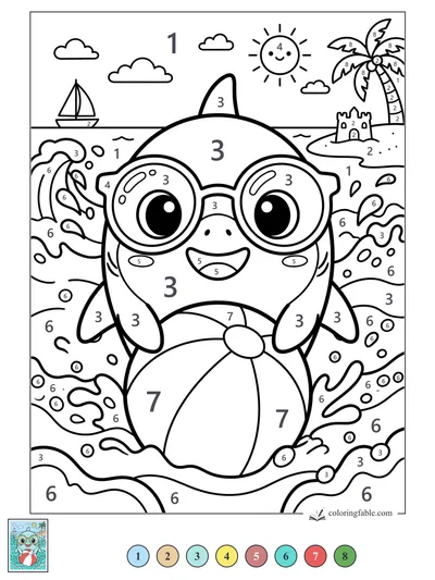 Kawaii Shark With Goggles and Beach Ball — color by number