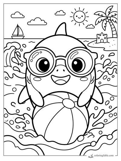 Kawaii shark wearing big goggles, holding a beach ball among waves, with sun, sailboat, palm tree, and sandcastle.