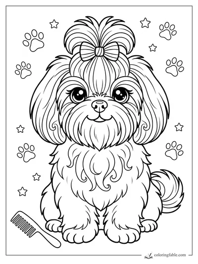 Kawaii long-haired dog with bow, shiny eyes, paw prints, stars, and a comb coloring page.