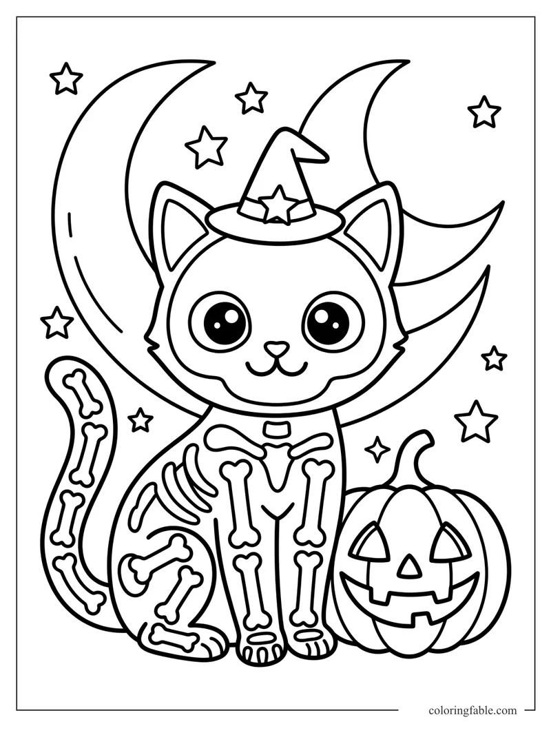 Kawaii skeleton cat with witch hat, jack-o'-lantern, crescent moons, and stars coloring page.