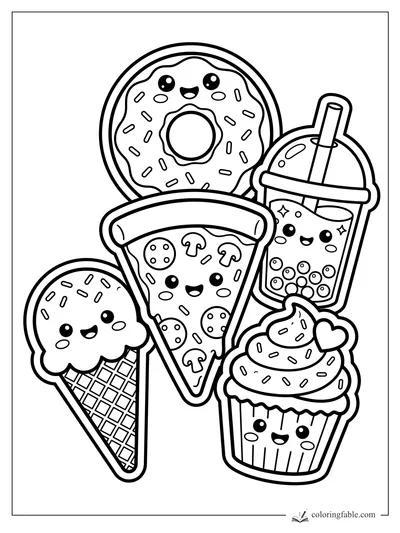 Kawaii food stickers with smiling donut, pizza slice, boba tea, ice cream cone, and cupcake.