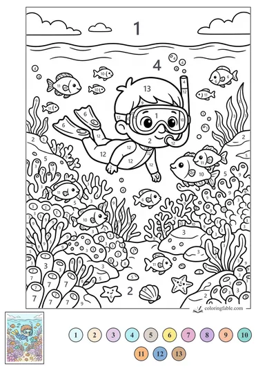 Kawaii Snorkeler Exploring a Busy Coral Reef — color by number