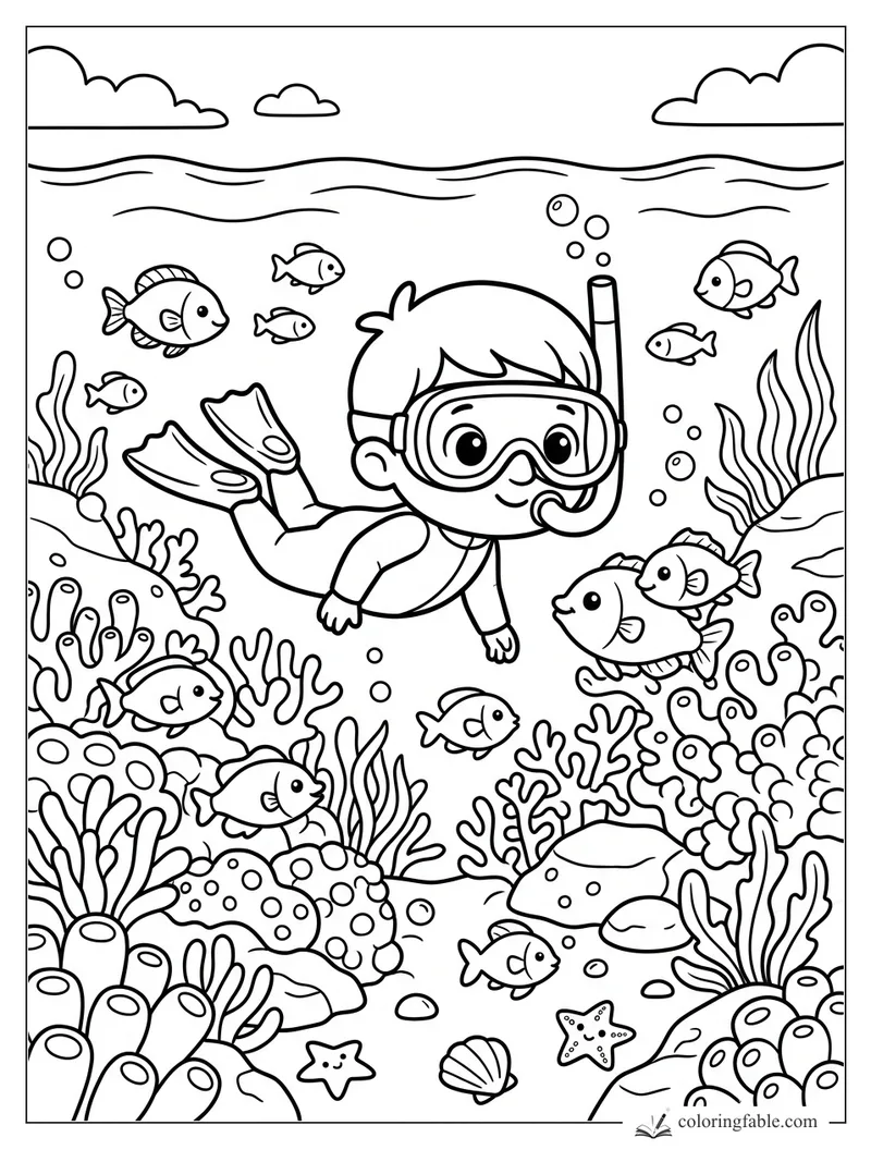Kawaii child snorkeler swimming over coral reef with fish, bubbles, shells, and seaweed.