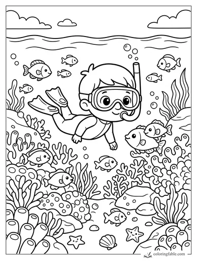 Kawaii child snorkeler swimming over coral reef with fish, bubbles, shells, and seaweed.