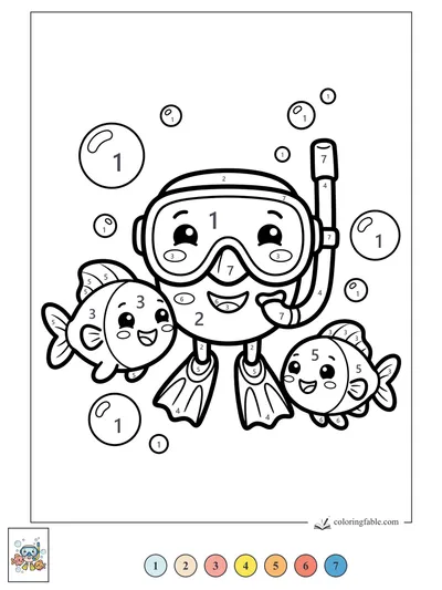 Kawaii Snorkeler With Two Smiling Fish — color by number