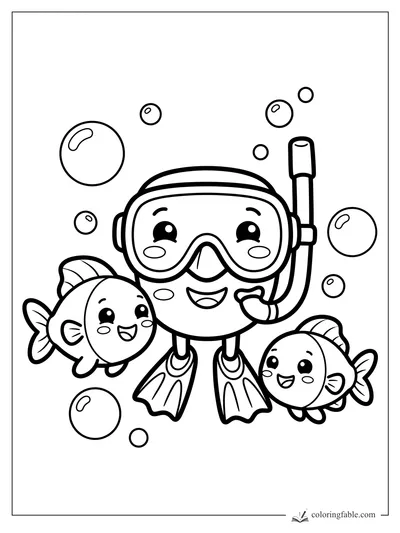 Kawaii snorkeler in mask and fins swimming with two smiling fish and bubbles