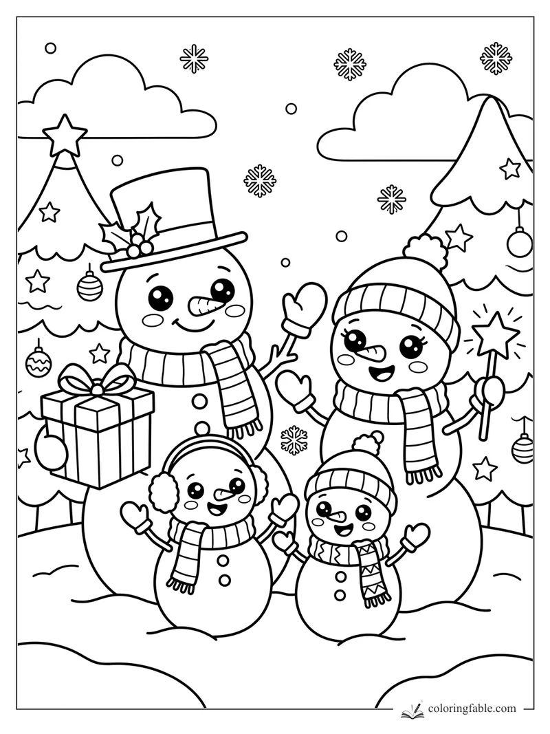 Kawaii snowman family waving by decorated Christmas trees, a gift box, snowflakes, and a star wand.