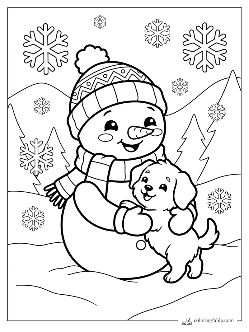 Kawaii snowman in a patterned pom-pom hat hugging a puppy among snowflakes, pine trees, and hills