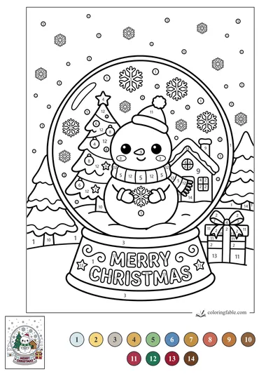 Kawaii Snowman in a Merry Christmas Snow Globe — color by number