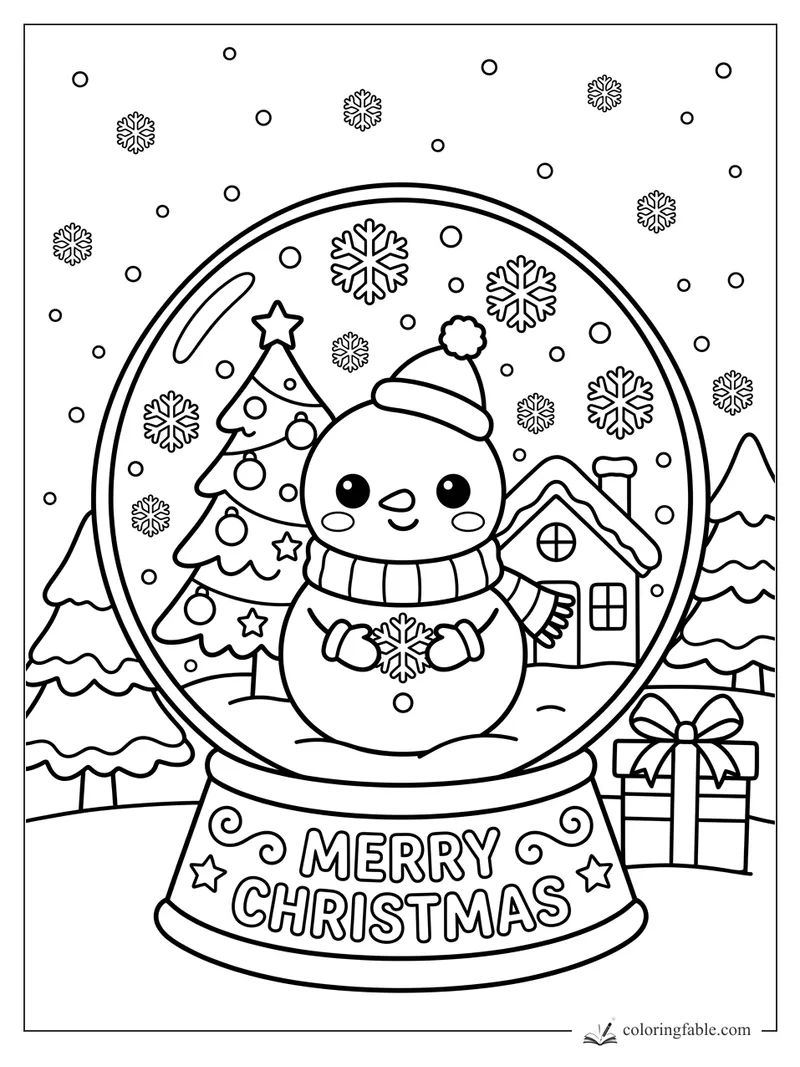 Kawaii snowman holding a snowflake inside a Merry Christmas snow globe with tree, cabin, and gift