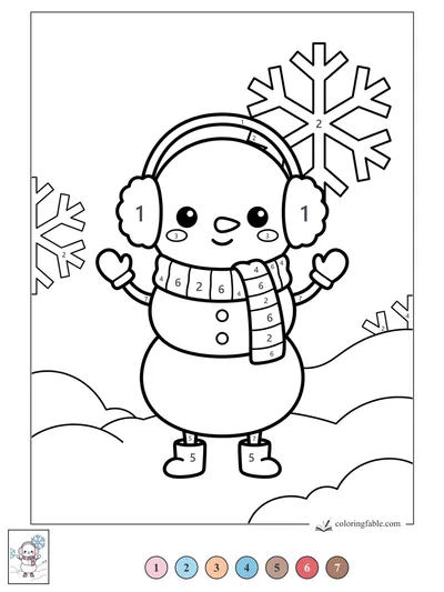 Kawaii Snowman in Earmuffs and Boots — color by number