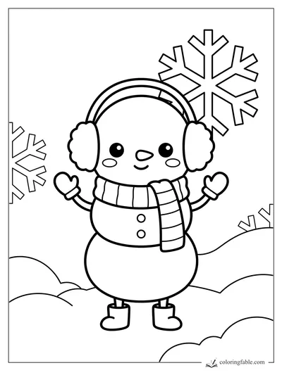 Kawaii snowman with earmuffs, scarf, mittens, boots, and big snowflakes in a snowy field