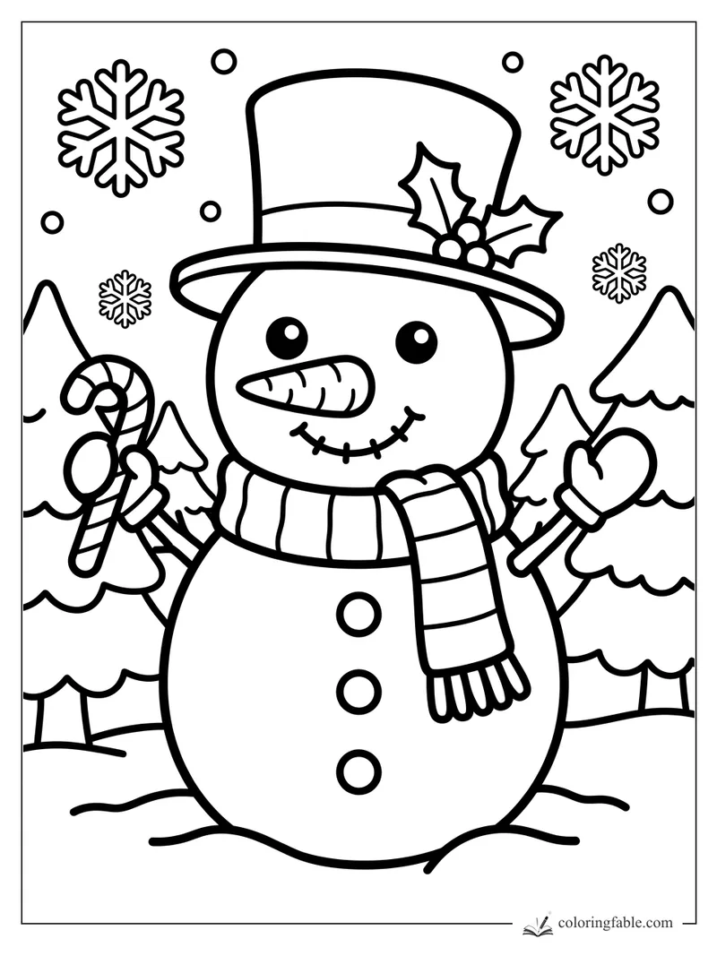 Kawaii Christmas snowman with top hat, candy cane, mitten, scarf, snowflakes, and pine trees