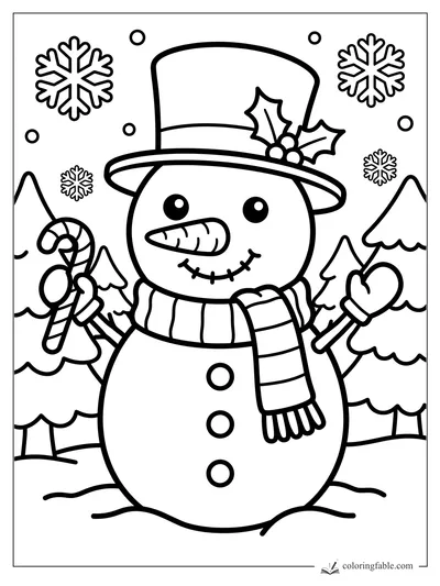 Kawaii Christmas snowman with top hat, candy cane, mitten, scarf, snowflakes, and pine trees