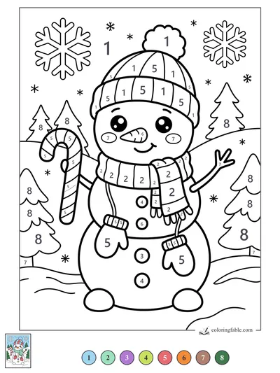 Kawaii Snowman With Candy Cane in the Pines — color by number