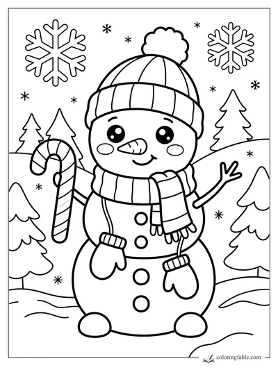 Kawaii snowman in striped hat and scarf holding a candy cane among pine trees and snowflakes