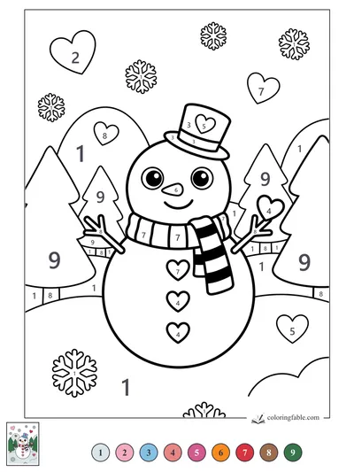 Kawaii Snowman with Heart Buttons — color by number